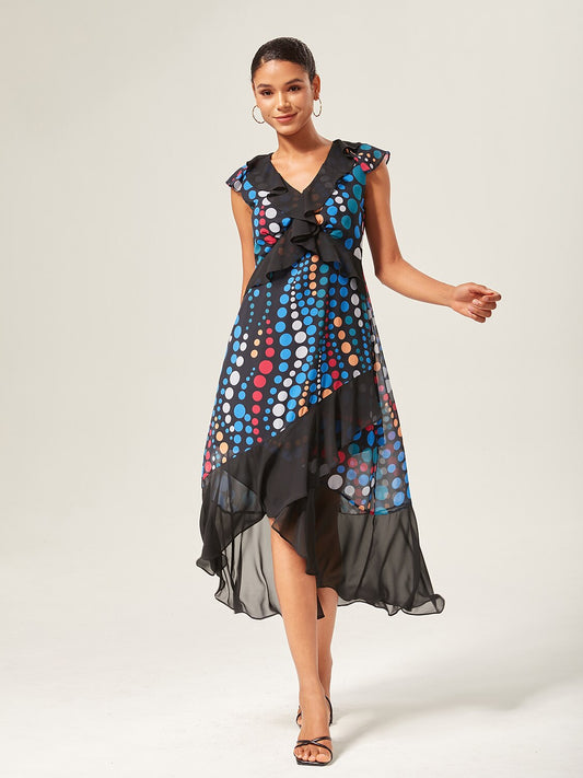 Colorblock Polka Dot Print Chiffon Ruffle Maxi Dress