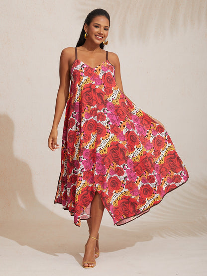 Vestido Midi de Tirantes Asimétricos con Cuello en V de Rayón
