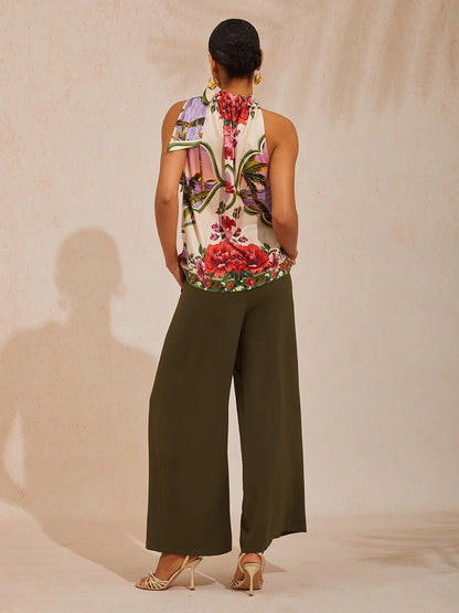 Hawaii Palm Silky Satin Floral Top
