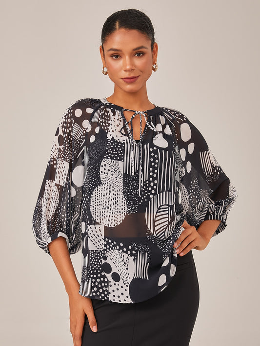 Abstract Print Puff Sleeve V-Neck Chiffon Blouse
