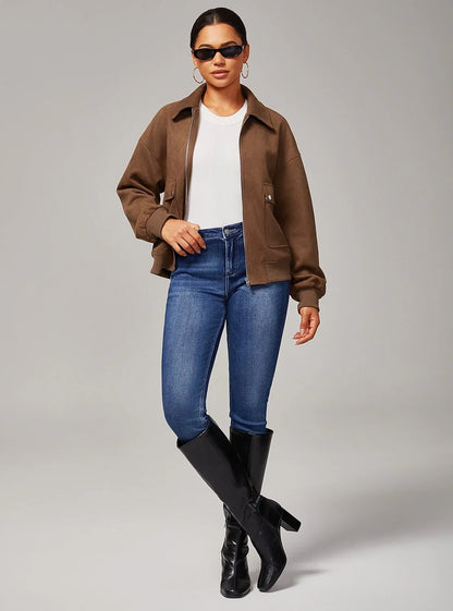 Brown Faux Suede Lapel Collar Zip Jacket