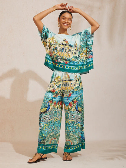 Summer Night Palm Silky Satin Dolman Sleeve Top