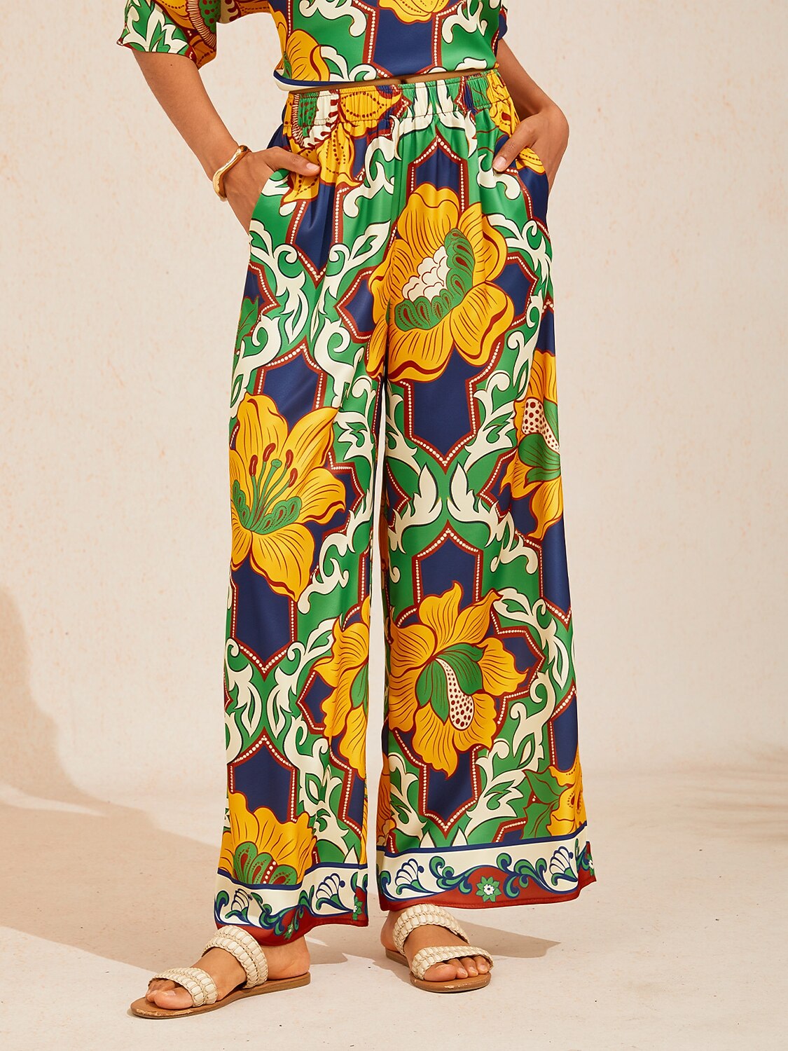 Emerald Bloom Bazaar Silky Satin Wide Leg Pants