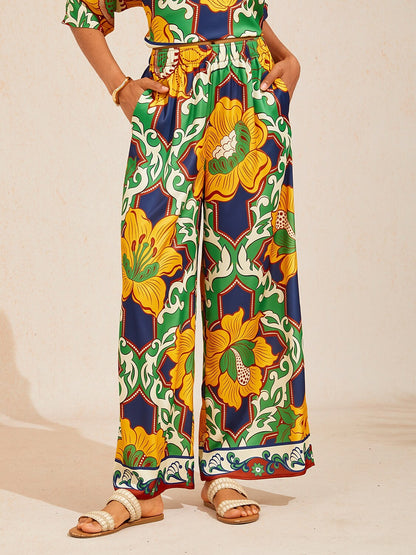 Emerald Bloom Bazaar Silky Satin Wide Leg Pants