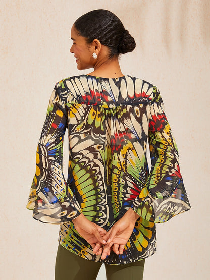 Green Mandala Floral Flowy Chiffon Blouse