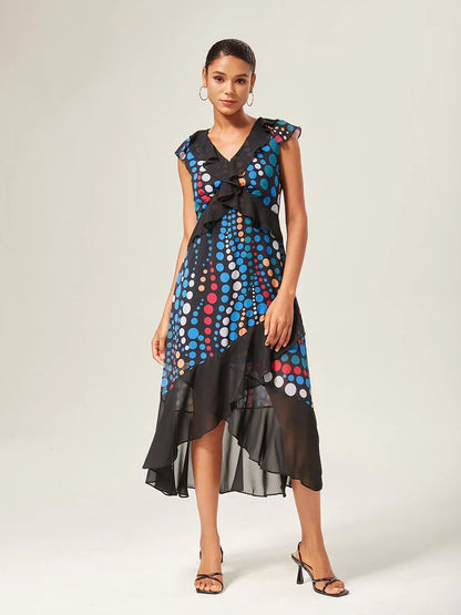Colorblock Polka Dot Print Chiffon Ruffle Maxi Dress