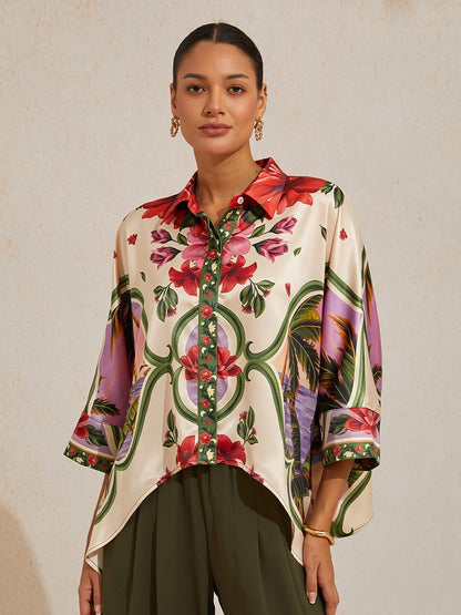 Hawaii Palm Satin Dolman Sleeve Top