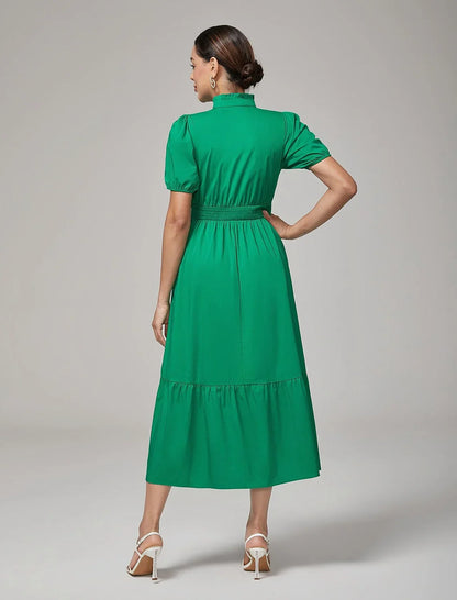 Deep Moss Green Cotton Puff Sleeve Dress
