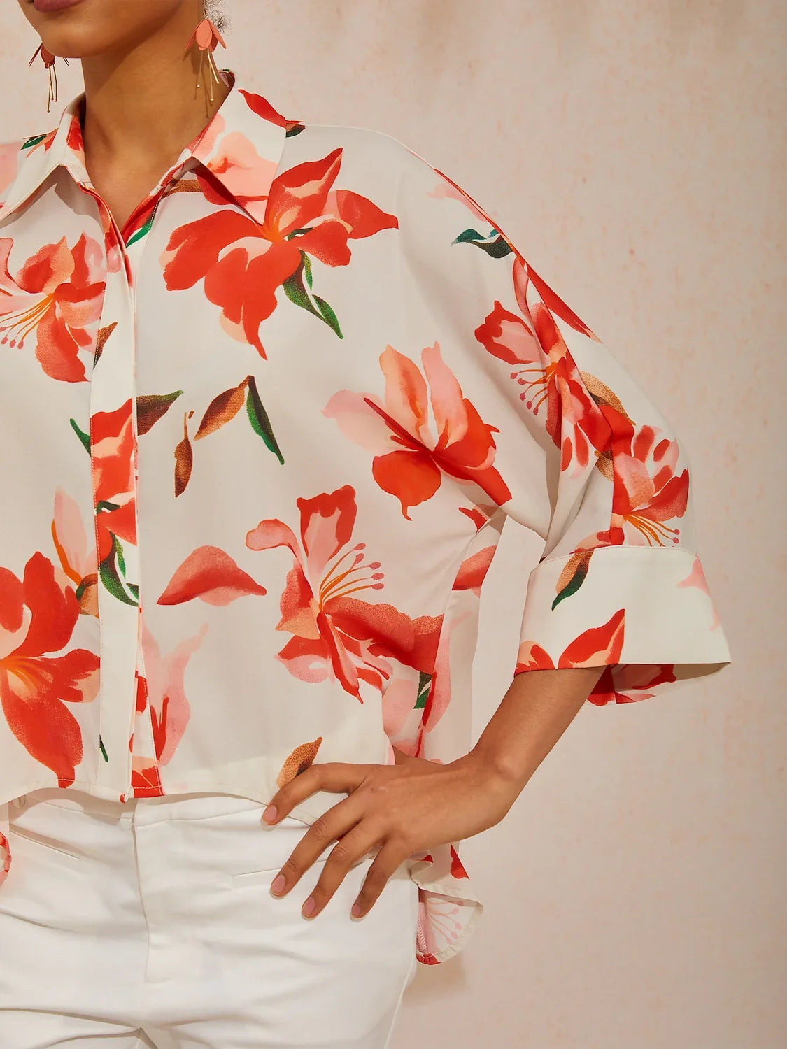 Spring Blooms Flowy Chiffon Asymmetrical Dolman Sleeve Blouse