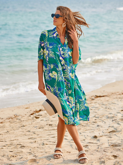 Leaf Print Shirt Short Sleeve Midi Chiffon Dress
