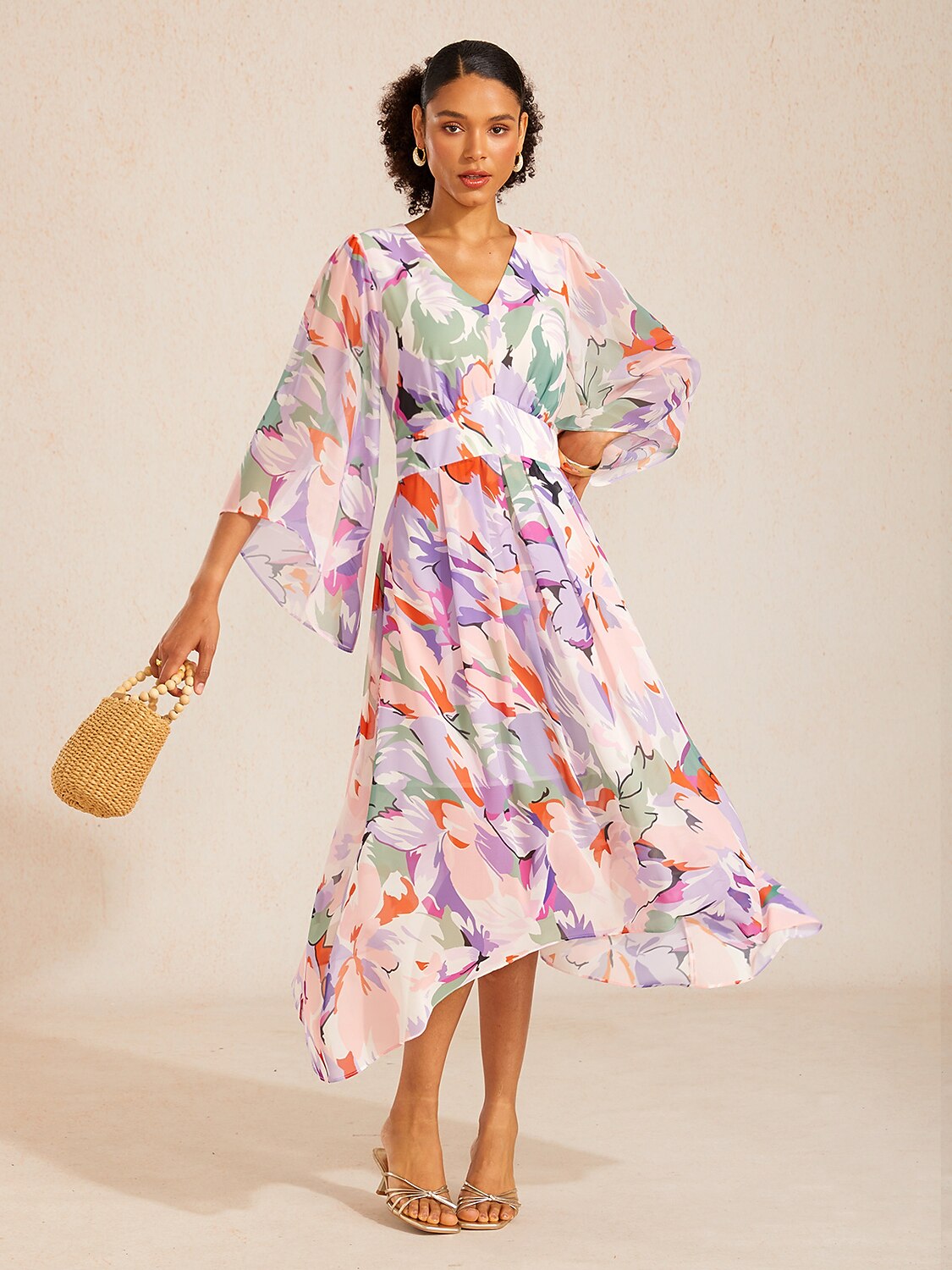 Robe maxi en chiffon à imprimé floral et manches évasées
