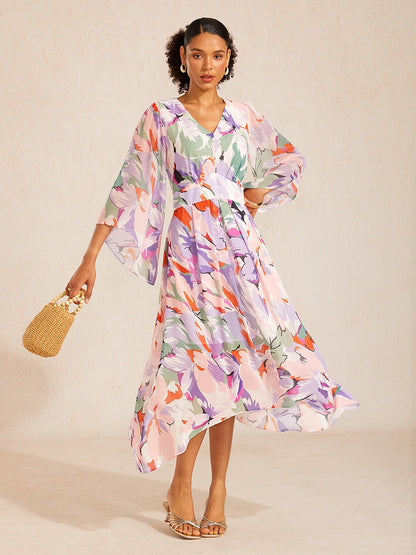 Robe maxi en chiffon à imprimé floral et manches évasées