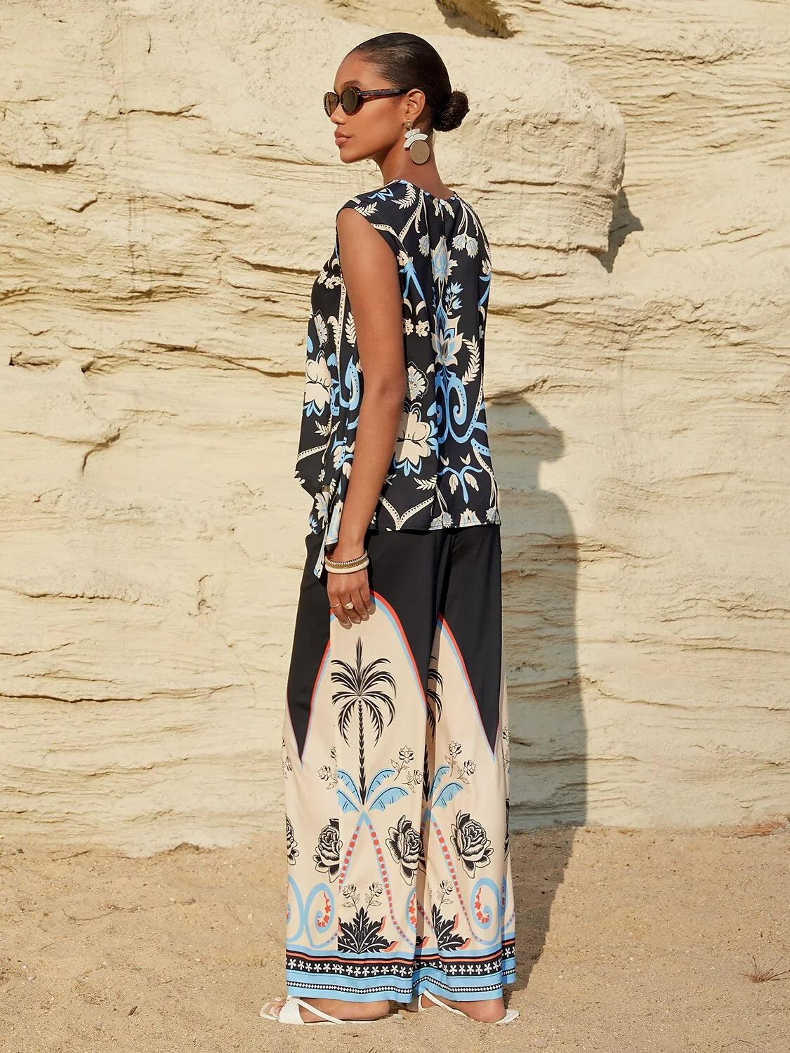 Summer Night Palm Silky Satin Straight Pants