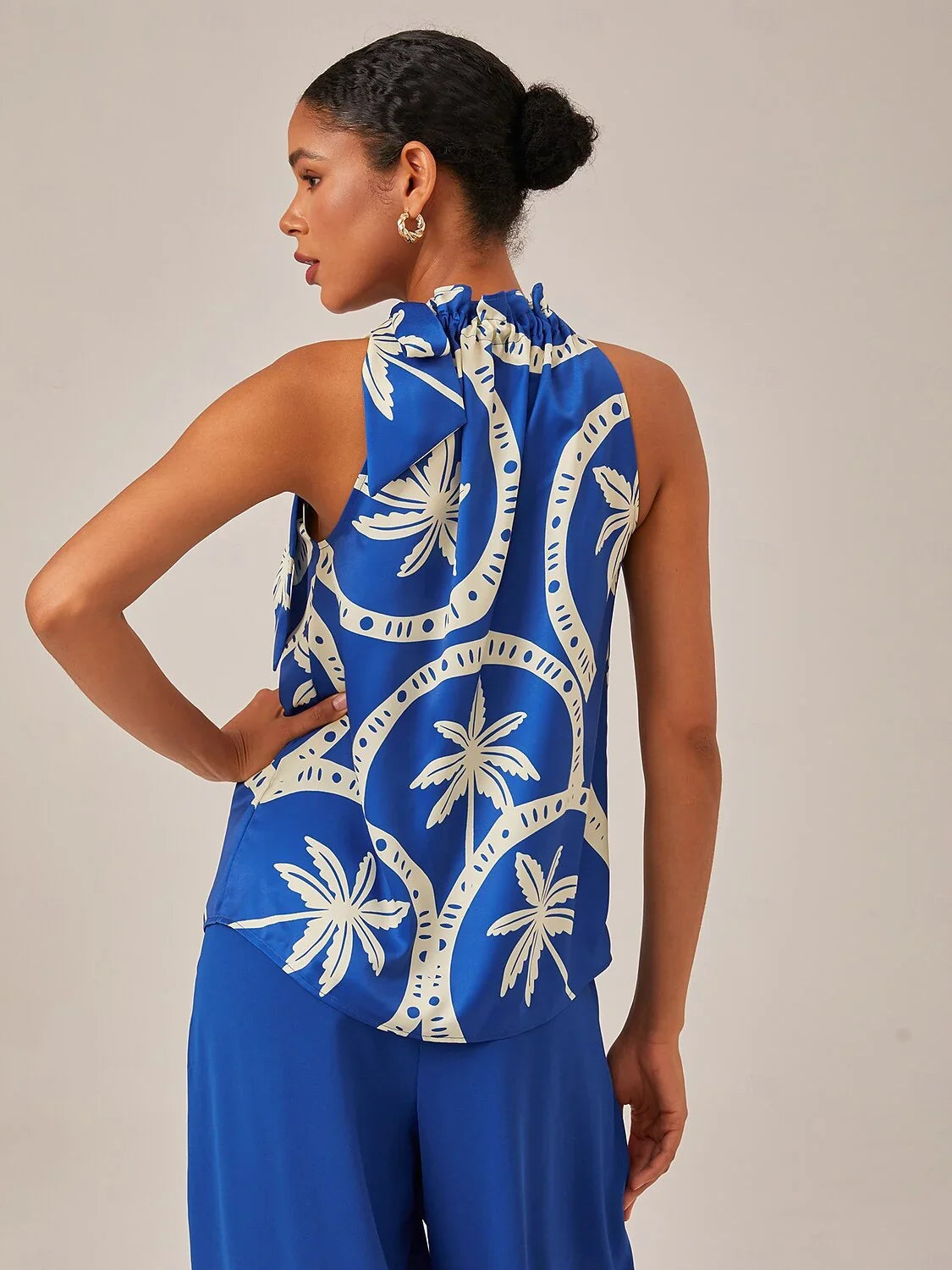 Satin Geometric Print Sleeveless Top With Ruffle Tie Neck