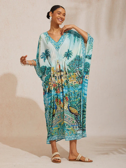 Balearic Islands Blue Flowy Chiffon Dolman Sleeve Kaftan