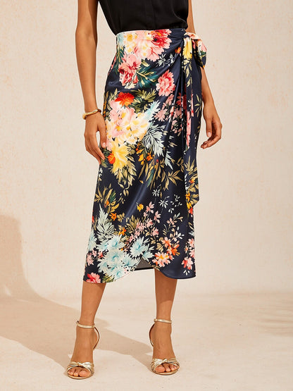 Moonlight Blossom Silky Satin Wrap Skirt