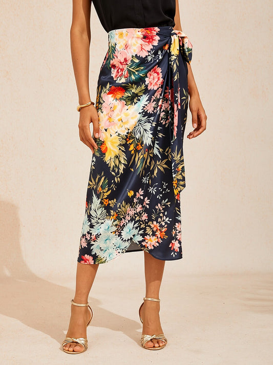 Moonlight Blossom Silky Satin Wrap Skirt