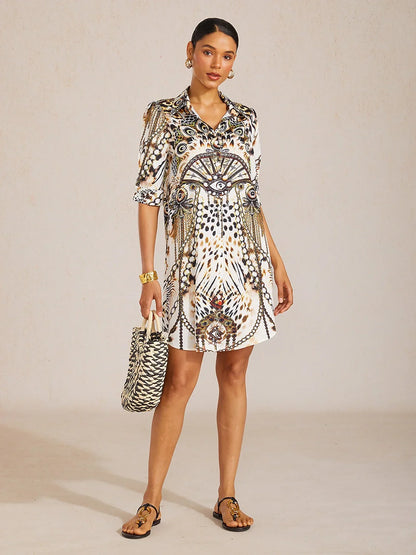 Mallorca Blossom Silky Satin Straight Shirt Dress