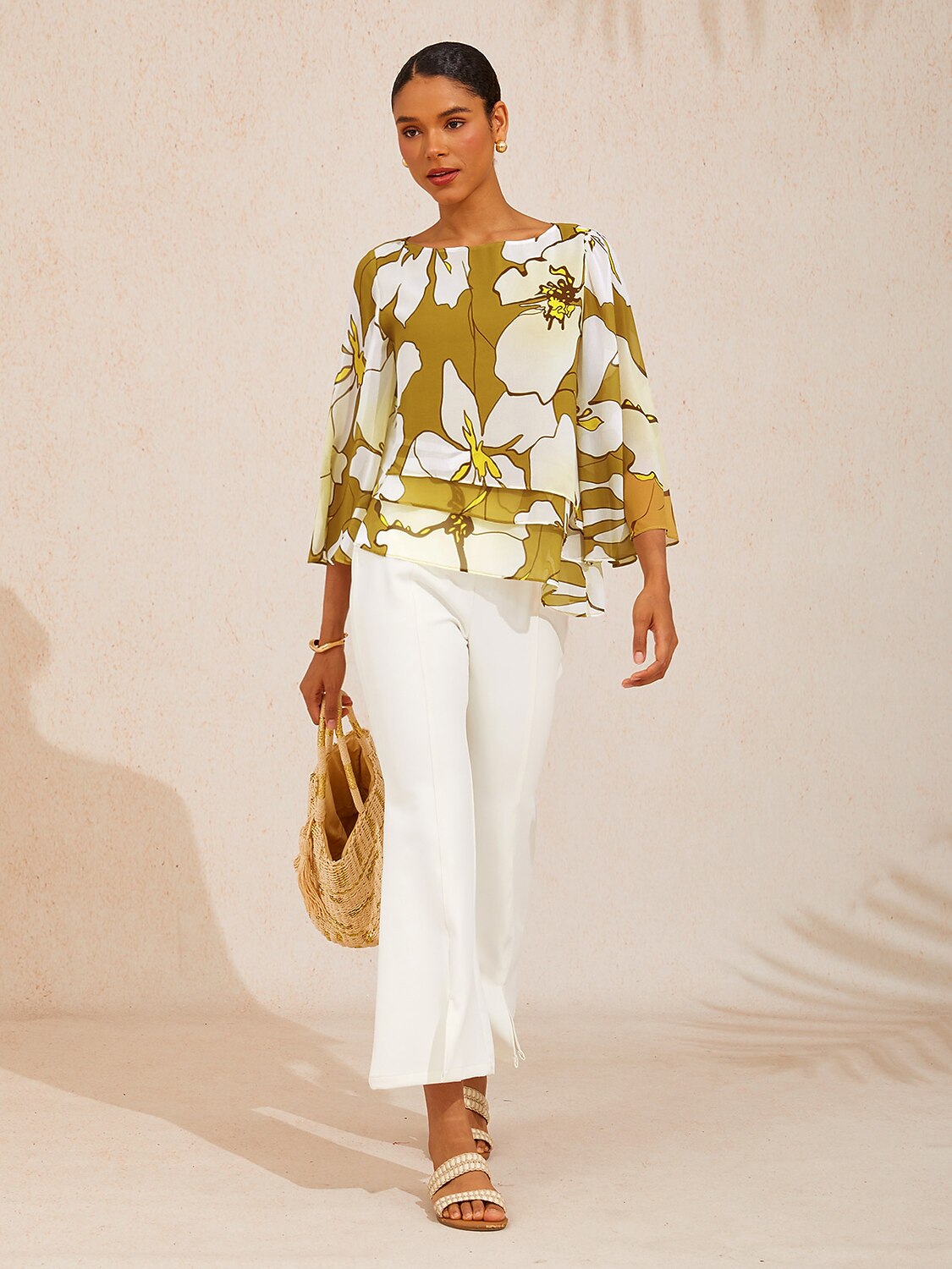 Golden Petal Glow Layered Chiffon Blouse