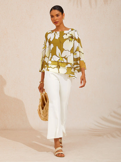 Golden Petal Glow Layered Chiffon Blouse