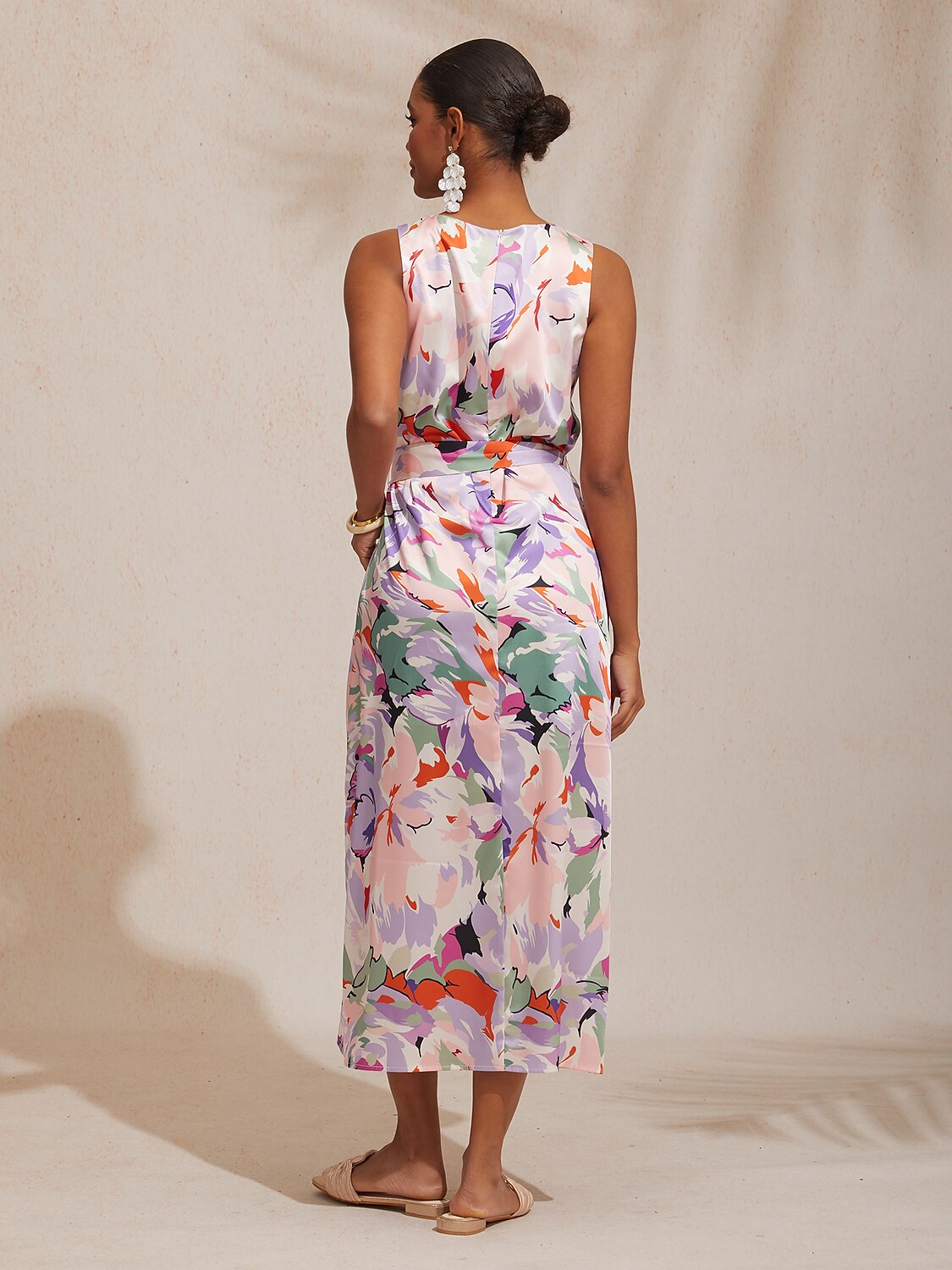 Vacation Geometric Color Block Print Straight Fit Satin Maxi Dress