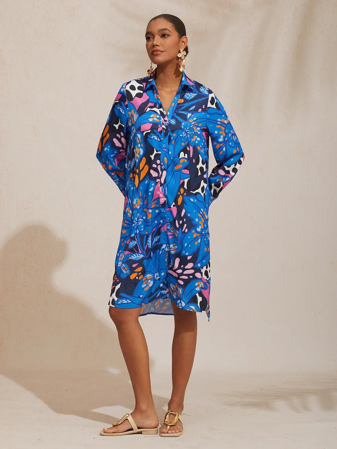Abstract Azure Silky Satin Dot Shirt Dress