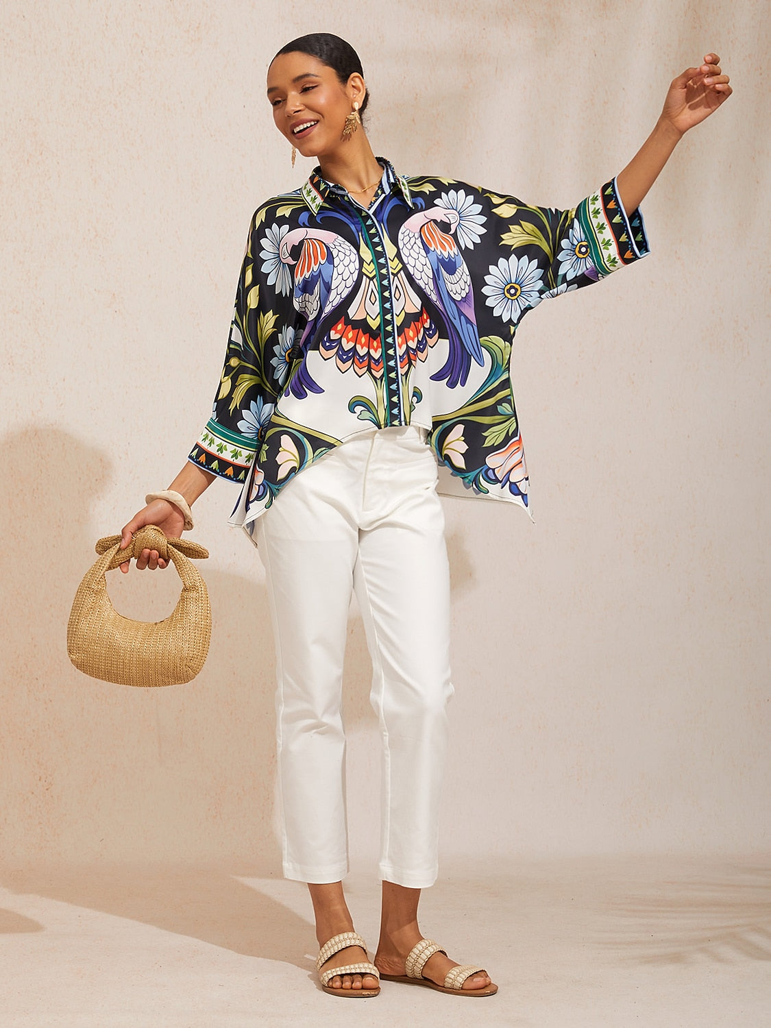 Pastel Floral Garden Satin Dolman Sleeve Button Down Shirt