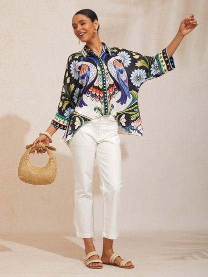 Pastel Floral Garden Satin Dolman Sleeve Button Down Shirt