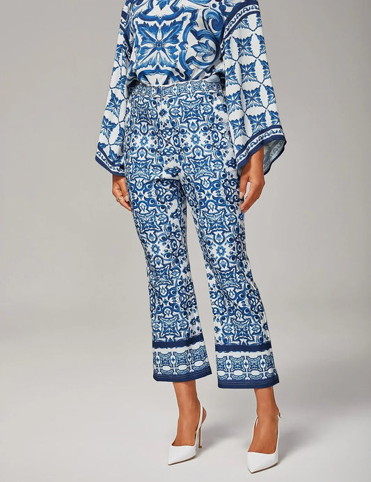 Blue White Porcelain Print Stretch Flare Pants