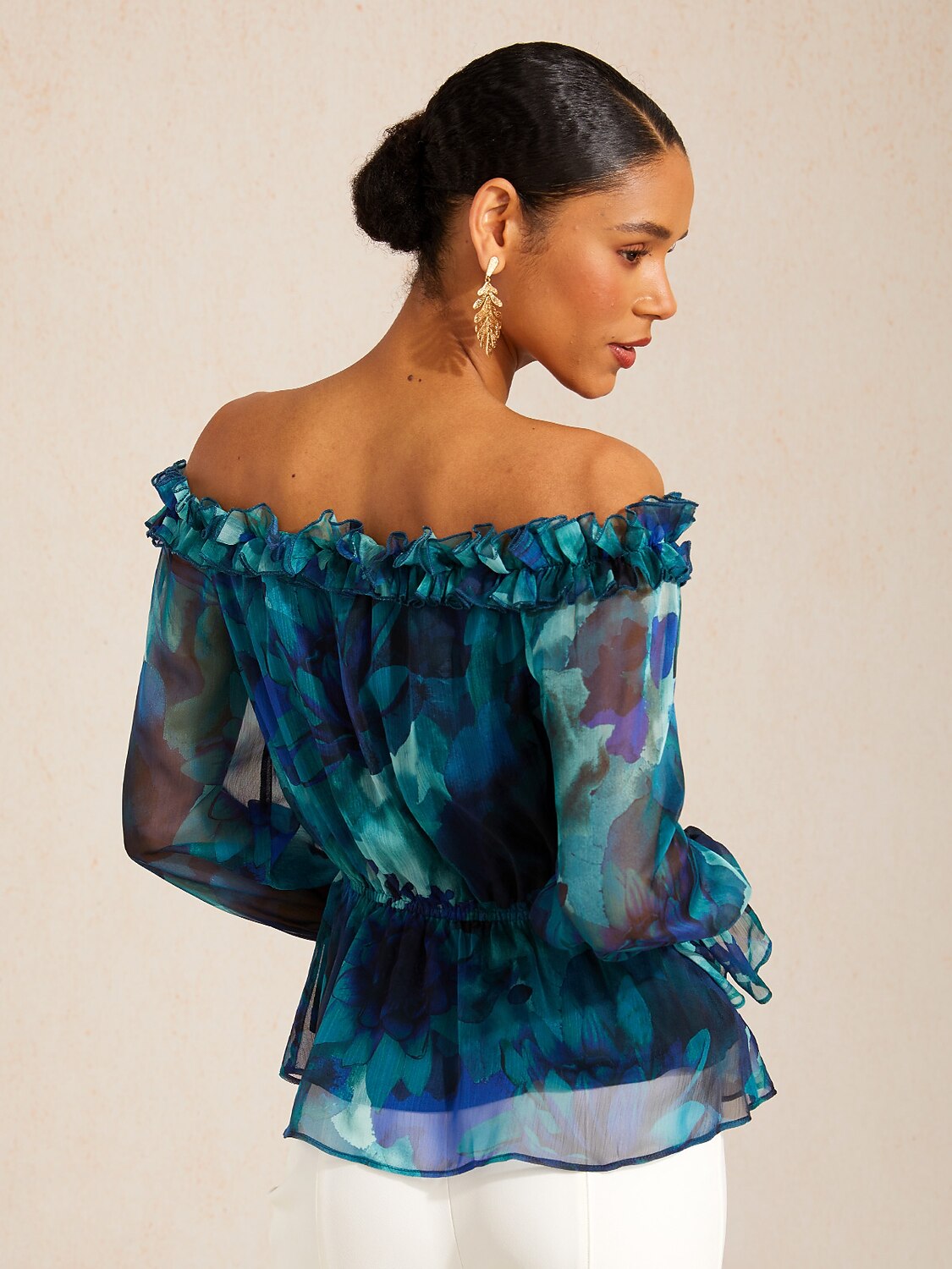 Wild Hibiscus Dream Flowy Chiffon Off-Shoulder Top