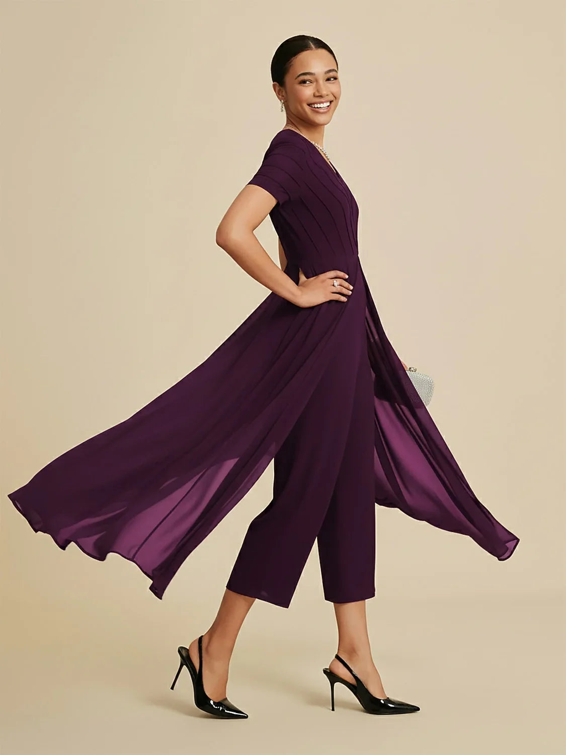 Paneled Design Faux Flowy Sheer Stretch Fabric Jumpsuit