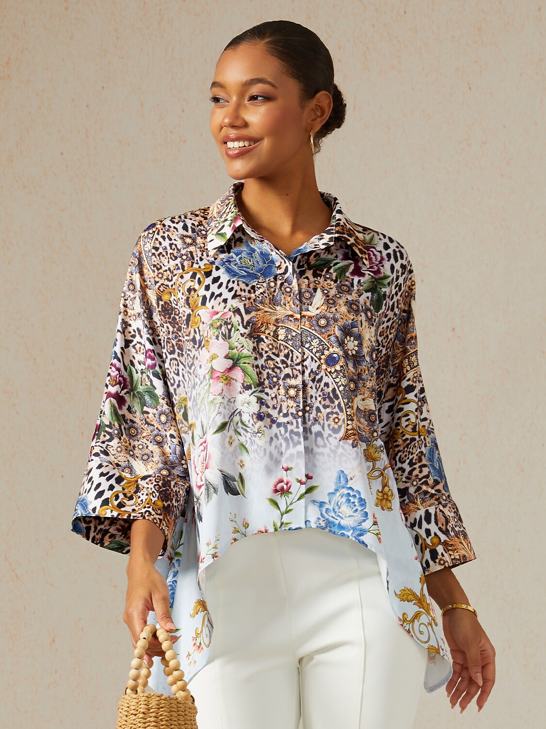 Safari Tapestry Satin Dolman Sleeve Top