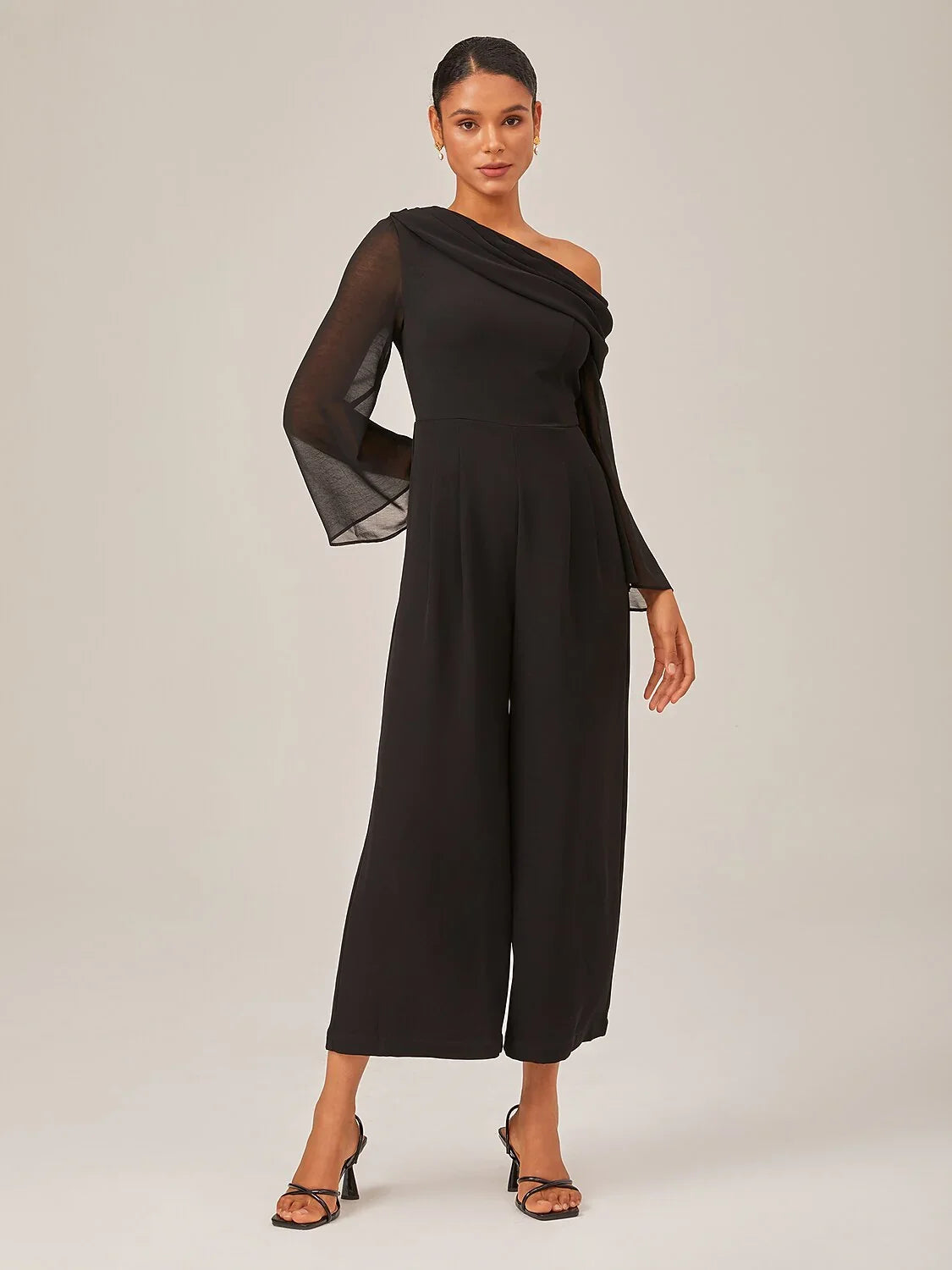 Draped Asymmetric Shoulder Elegant Black Jumpsuit