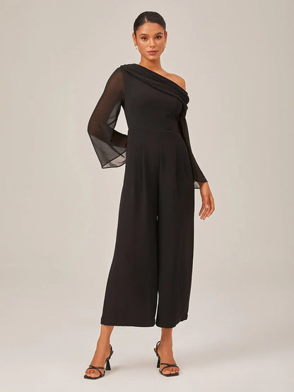 Draped Asymmetric Shoulder Elegant Black Jumpsuit