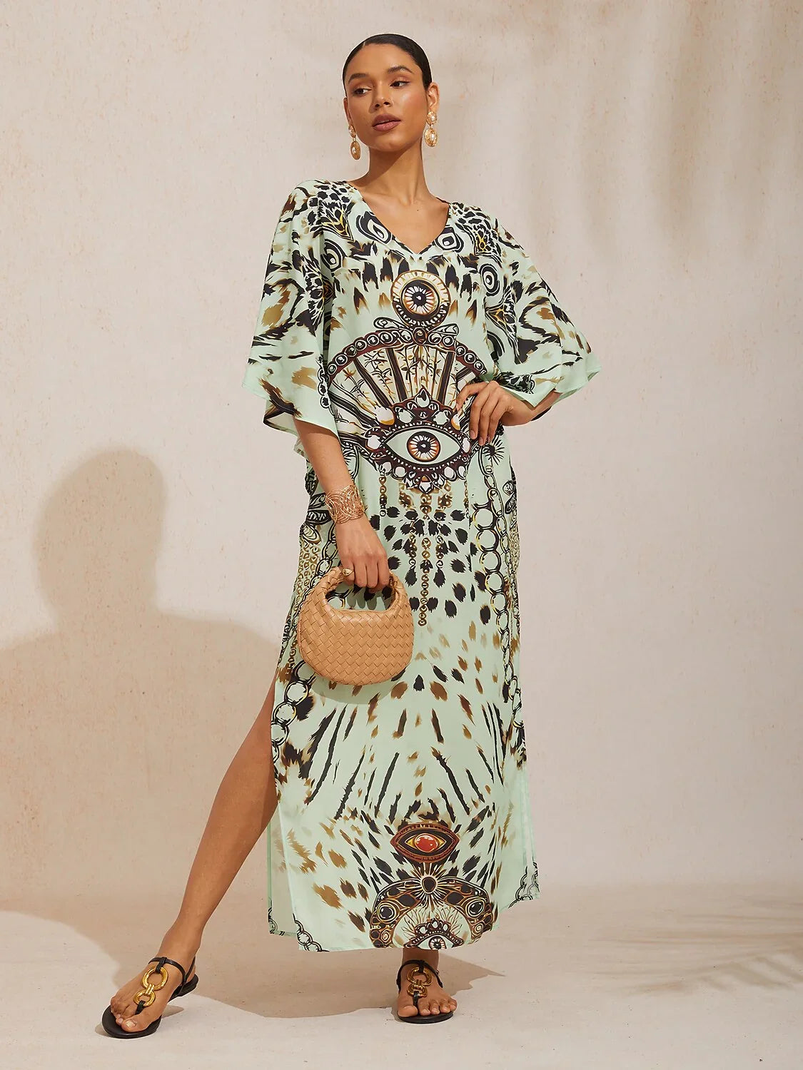 maxi dress jewelry Womens Leopard Print Chiffon Dolman Sleeve Maxi Dress V Neck Short Sleeve Vintage Lightweight Chiffon Airy Drape, Leopard Green / L