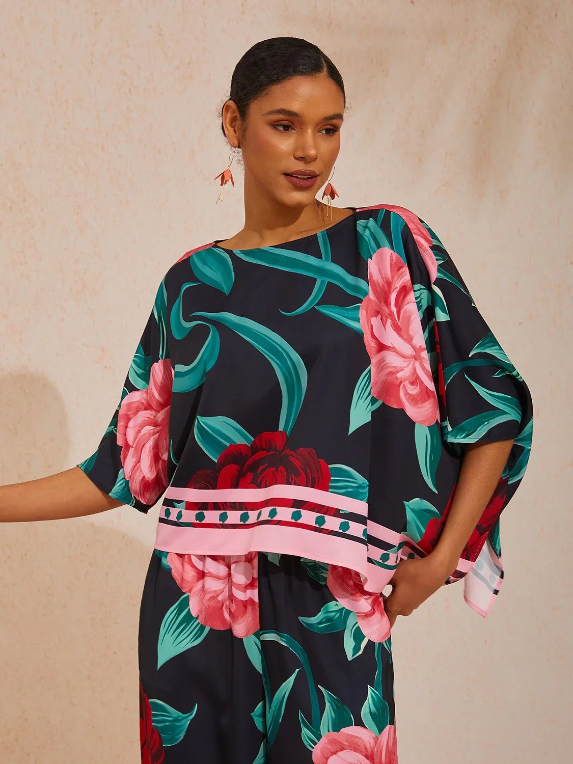 Summer Night Palm Silky Satin Dolman Sleeve Top