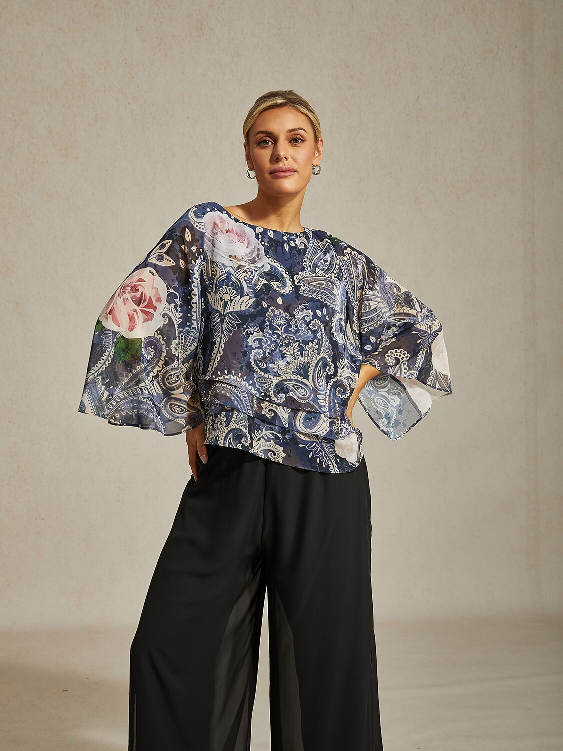 Green Paisley Botanical Print Layered Chiffon Blouse