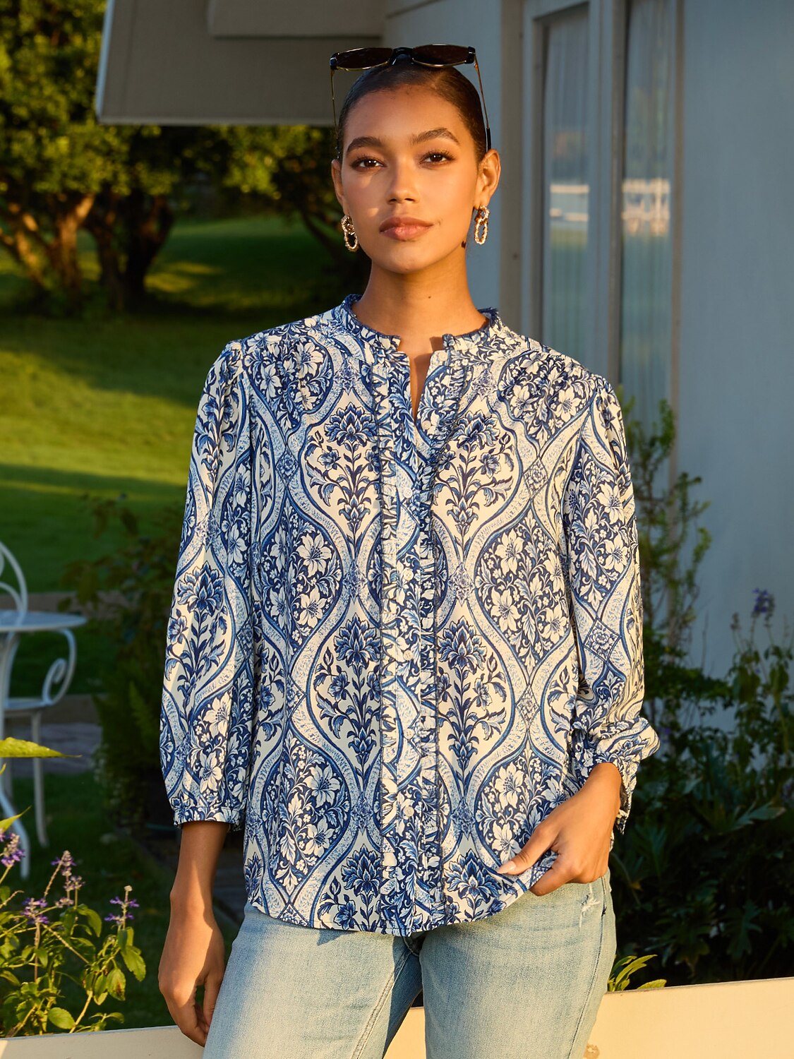 Azure Medallion Rayon Like Blouse