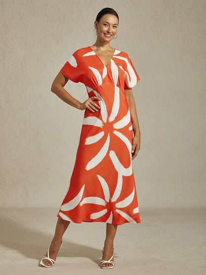 Abstract Floral Print Satin Maxi Dress