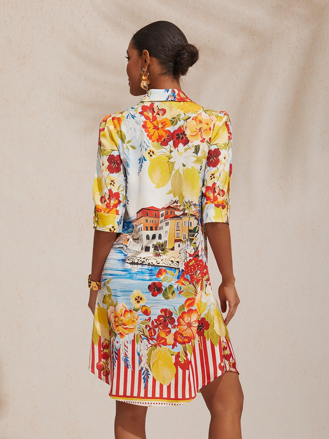 Ocean Blue Orchid Silky Satin Floral Shirt Dress