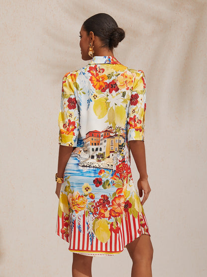 Ocean Blue Orchid Silky Satin Floral Shirt Dress