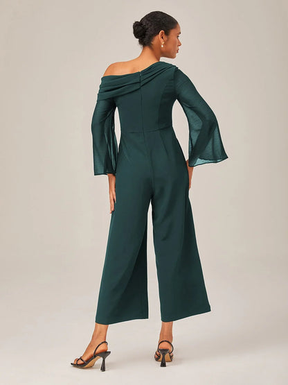 Draped Asymmetric Shoulder Elegant Black Jumpsuit