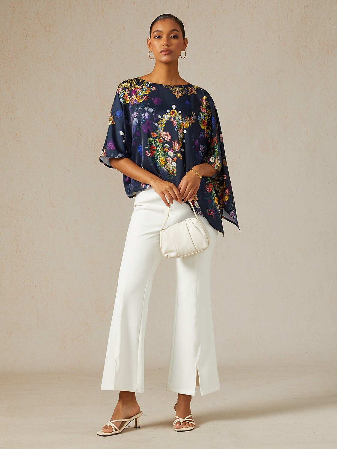 Midnight Jewel Bloom Silky Satin Dolman Sleeve Top