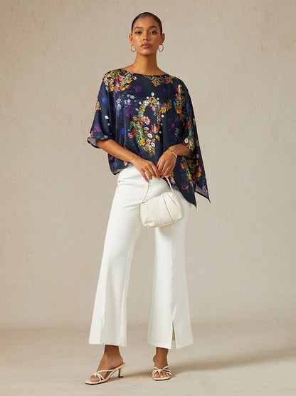Midnight Jewel Bloom Silky Satin Dolman Sleeve Top
