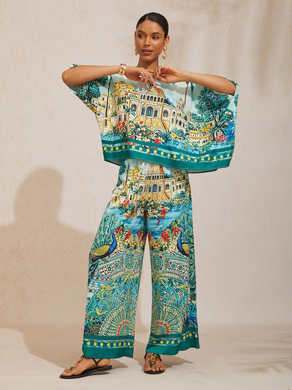 Balearic Islands Blue Satin Elastic Waist Straight Pants