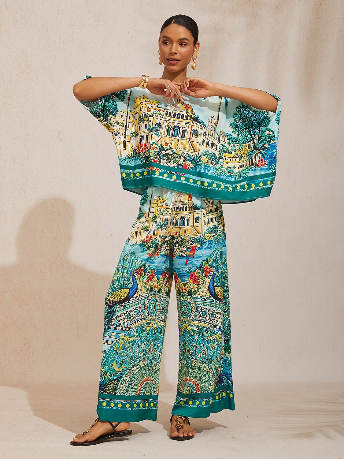 Lavender Paisley Flora Silky Satin Wide Leg Pants