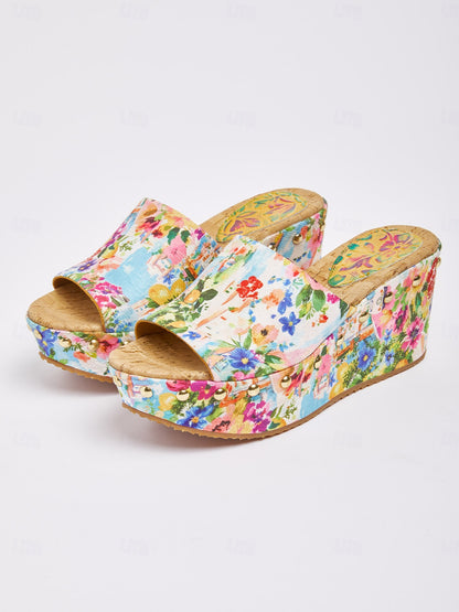 Mule con tacco alto in tela "Holiday Citrus Garden"