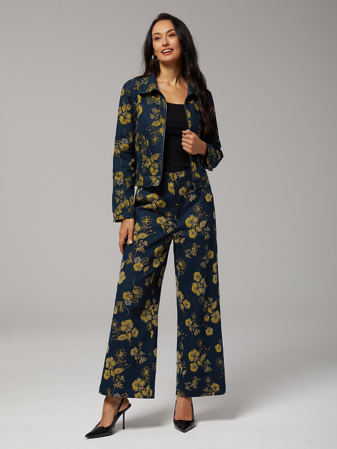 Denim Yellow Floral Print Straight Leg Pants Vacation