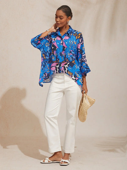 Abstract Azure Silky Satin Dot Shirt