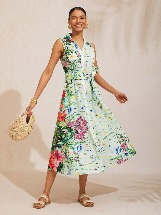 Botanical Blossom Linen Look Sleeveless Maxi Dress